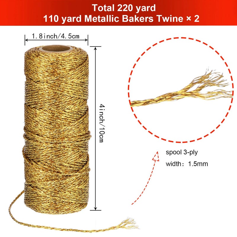Pangda 2 Rolls 656 Feet Christmas Twine Metallic Bakers Decorative Wrapping Twine String Craft Present Wrapping Cord for Christmas DIY Crafting Presents(1 mm,Gold) - Image 2